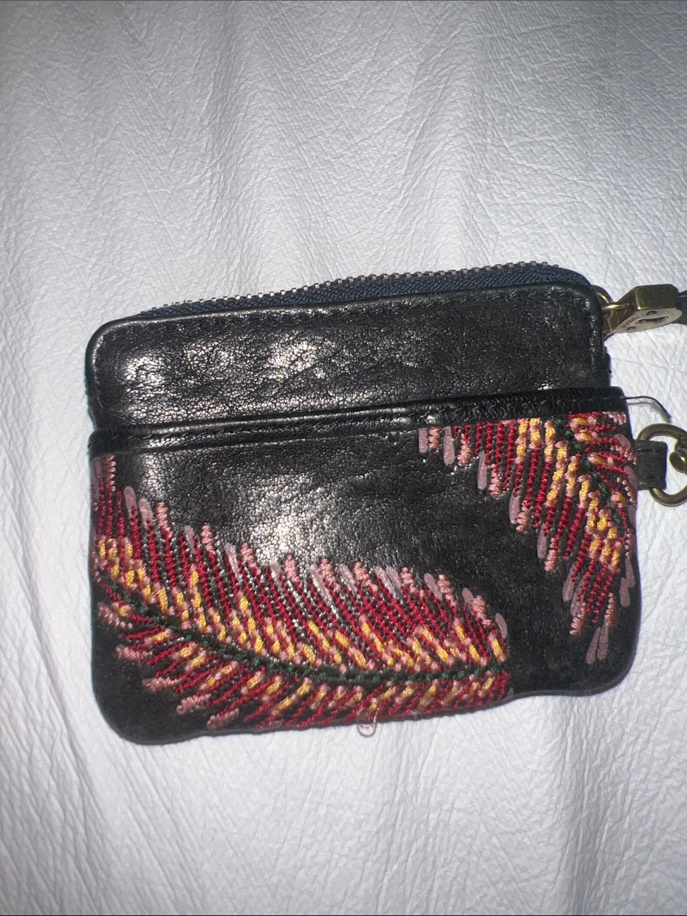 Fossil Black Leather Coin Pouch with Red and Pink Embroidery